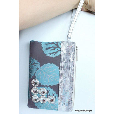Wedding Party Clutch, Green, Grey And Silver Fabric Purse, Sequins Purse